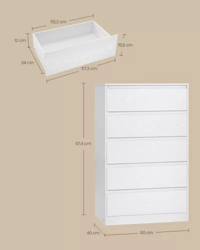 Tároló szekrény öt fiókkal, ruhás szekrény, modern stílus, hófehér