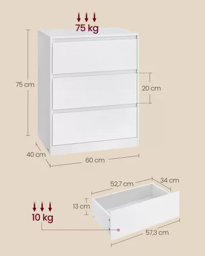 Fiókos tároló szekrény, ruhás szekrény három fiókkal, modern stílus, hófehér