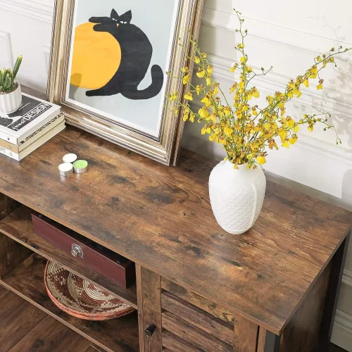 VASAGLE TV állvány, TV konzol egység polcokkal, tárolóval, redőnyös ajtókkal, nappalihoz,