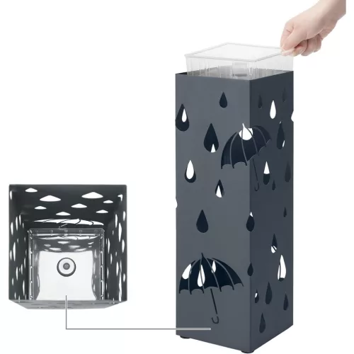 SONGMICS Fém Esernyőtartó, Négyszögletes Esernyőállvány Csepegtetőtálcával és