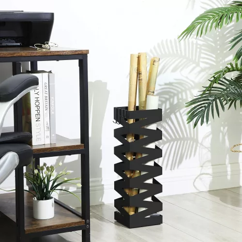 SONGMICS Fém esernyőtartó, négyzet alakú esernyőtartó állvány, akasztókkal és csepegő