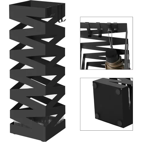 SONGMICS Fém esernyőtartó, négyzet alakú esernyőtartó állvány, akasztókkal és csepegő