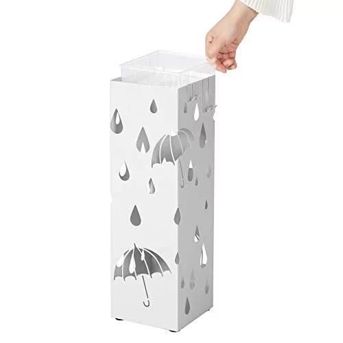 SONGMICS Fém esernyőtartó, négyzet alakú esernyőtartó csepegő tálcával és 4 akasszal,