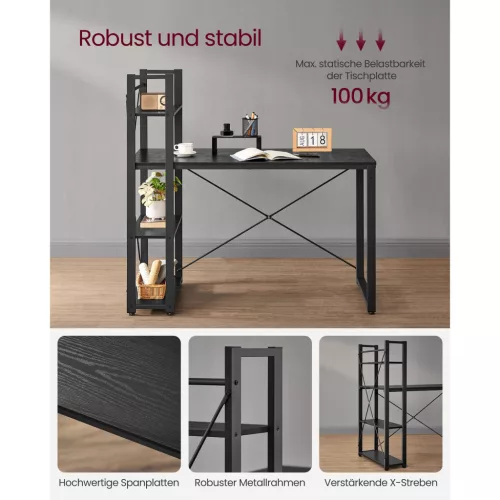 VASAGLE Számítógépasztal, Íróasztal Tárolópolcokkal Bal vagy Jobb Oldalon, 120 cm