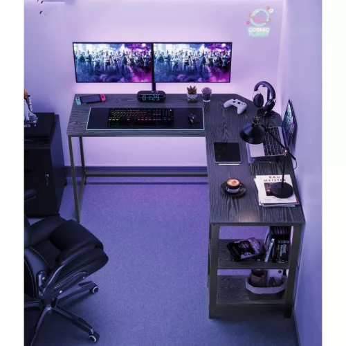 Sarok íróasztal, 2 polccal, fekete faerezetes