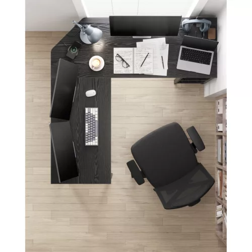 Sarok íróasztal, 2 polccal, fekete faerezetes