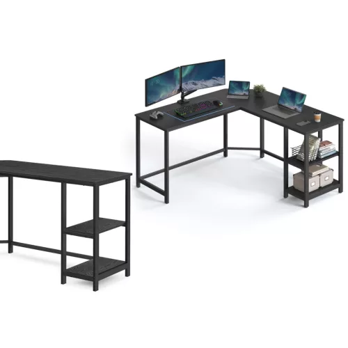 Sarok íróasztal, 2 polccal, fekete faerezetes