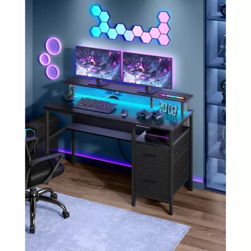 Íróasztal szövet fiókokkal, monitor állvánnyal, LED világítással, 135 x 55 x 90