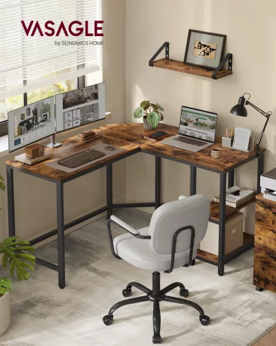 Sarok íróasztal, rusztikus barna 120x130x76cm, 2 polccal