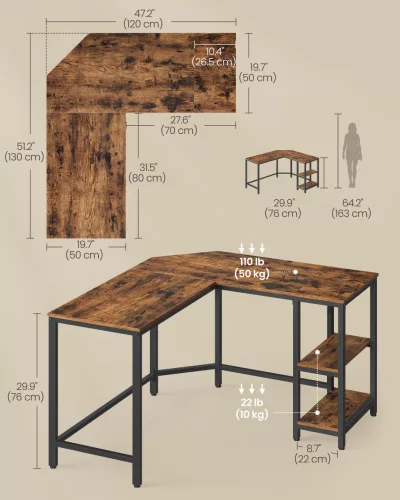 Sarok íróasztal, rusztikus barna 120x130x76cm, 2 polccal
