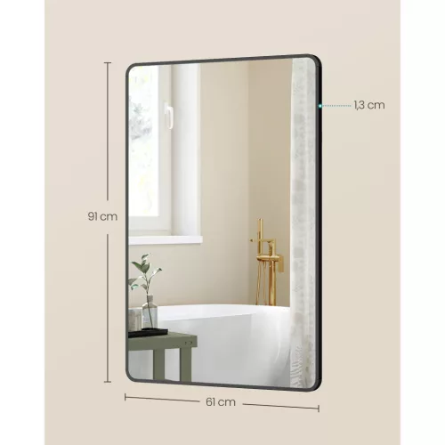 Fali tükör, szögletes, alumínium keret, fekete