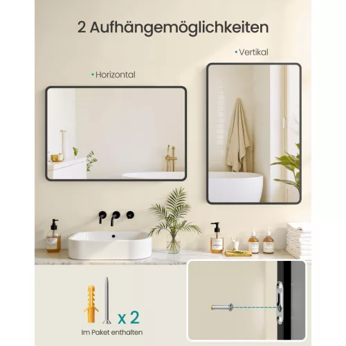 Fali tükör, szögletes, alumínium keret, fekete