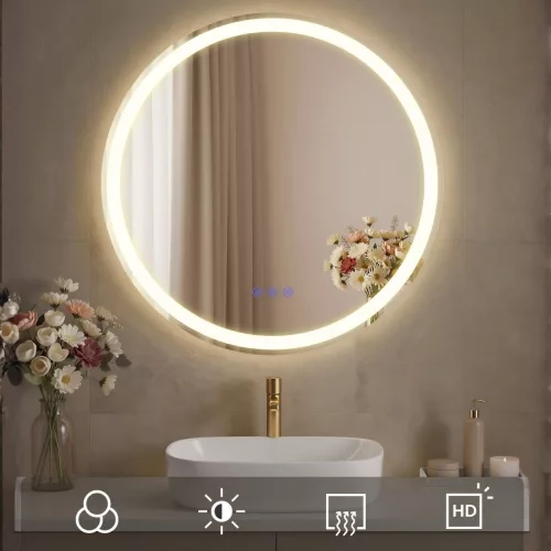 Fürdőszoba tükör, kerek, LED világítással, párásodásmentes, Ø 61 cm