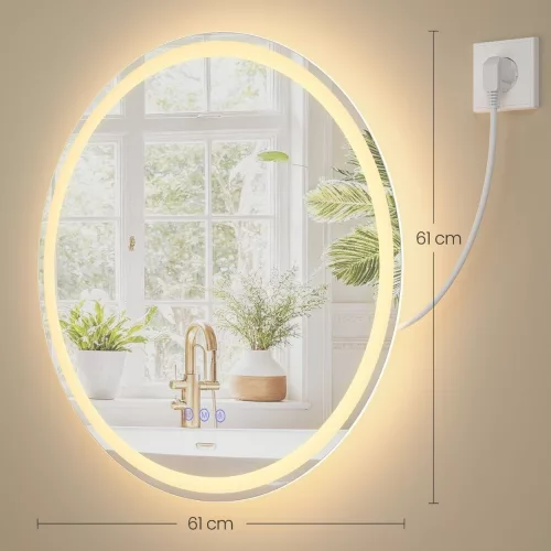 Fürdőszoba tükör, kerek, LED világítással, párásodásmentes, Ø 61 cm
