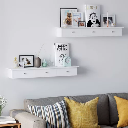 Lebegő fali polc 3 fiókkal, tároló polc, fehér 80x15x10cm