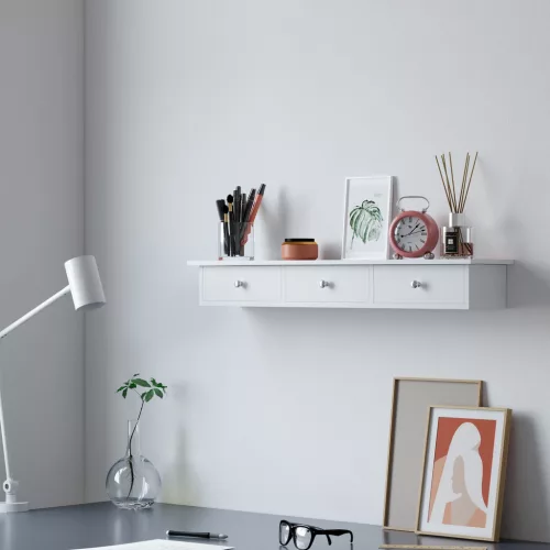 Lebegő fali polc 3 fiókkal, tároló polc, fehér 80x15x10cm