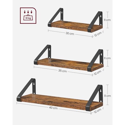 VASAGLE Falipolcok, ipari lebegő polcok, 3 darabos készlet, stabil kijelző állvány a nappaliba,