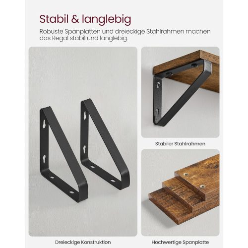 VASAGLE Falipolcok, ipari lebegő polcok, 3 darabos készlet, stabil kijelző állvány a nappaliba,