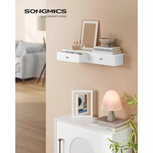 SONGMICS Falipolc, lebegő polc 2 fiókkal, magasfényű bevonattal, akár 15 kg terhelhetőség, 65