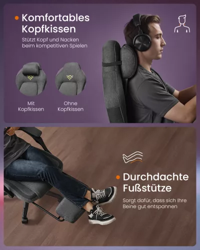 Gamer szék, ergonomikus, lábtartóval, állítható magassággal, szürke szövet