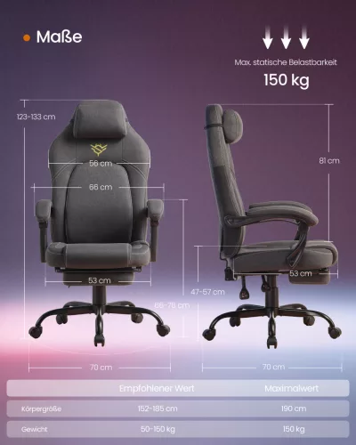 Gamer szék, ergonomikus, lábtartóval, állítható magassággal, szürke szövet