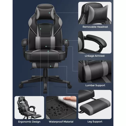 SONGMICS Játékosszék Irodai székkel, Lábtartóval, Fejtámlával és deréktámasszal,