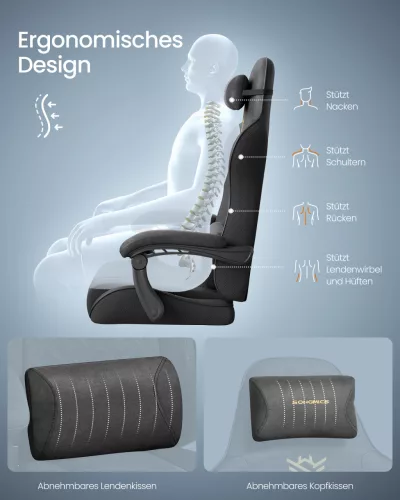 Irodai szék, gamer szék, ergonomikus, ülőpárnával, lábtámasszal, fekete PU szövet