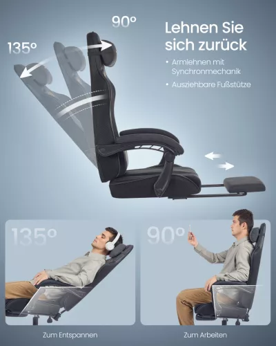 Irodai szék, gamer szék, ergonomikus, ülőpárnával, lábtámasszal, fekete PU szövet