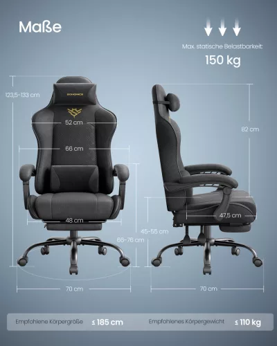 Irodai szék, gamer szék, ergonomikus, ülőpárnával, lábtámasszal, fekete PU szövet