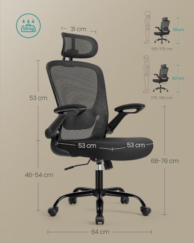 Irodai szék, ergonomikus, hálós, dönthető, párnázott deréktámasszal, fekete