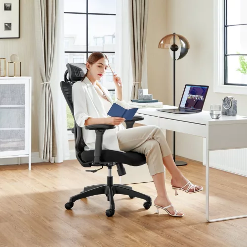 Irodai ergonomikus szék, állítható deréktámasszal és fejtámlával, fekete