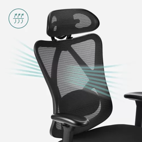 Irodai ergonomikus szék, állítható deréktámasszal és fejtámlával, fekete