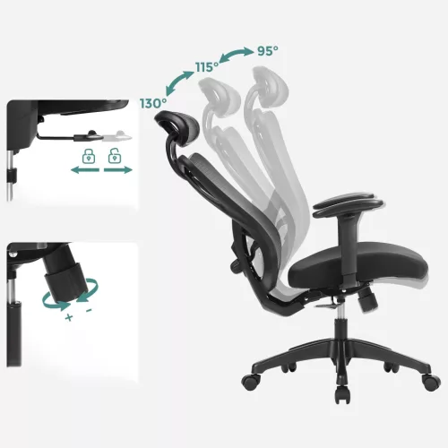Irodai ergonomikus szék, állítható deréktámasszal és fejtámlával, fekete