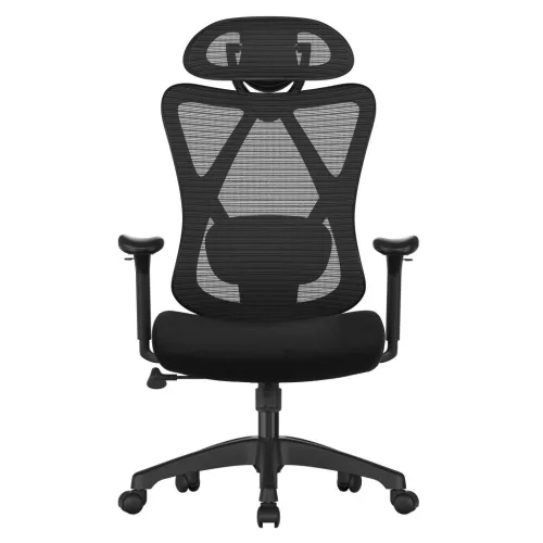 Irodai ergonomikus szék, állítható deréktámasszal és fejtámlával, fekete