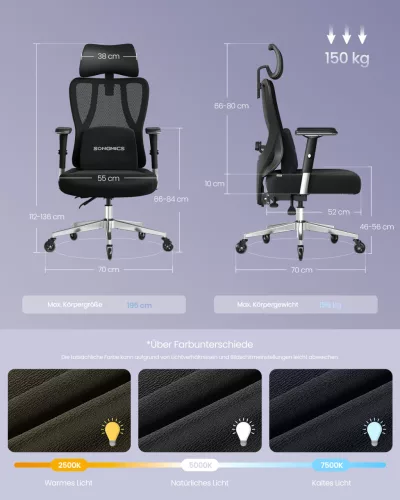 Irodai szék, ergonomikus, állítható támasz, tinta fekete