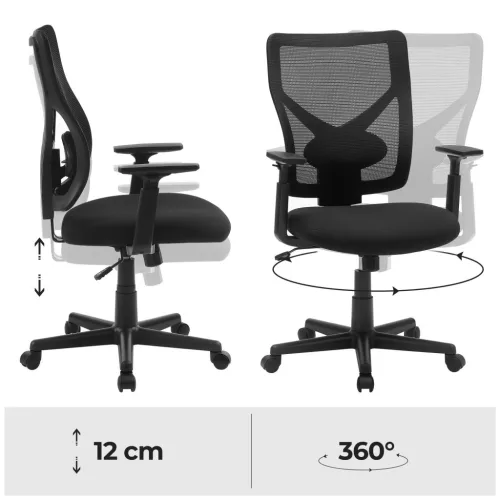 Irodai ergonomikus szék, állítható deréktámasszal és kartámasszal, fekete