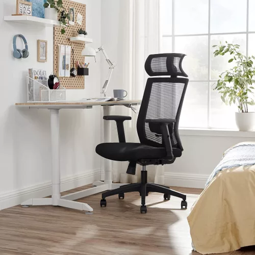 Irodai forgószék, ergonomikus, hálós, állítható fejtámasz, fekete