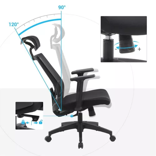 Irodai forgószék, ergonomikus, hálós, állítható fejtámasz, fekete