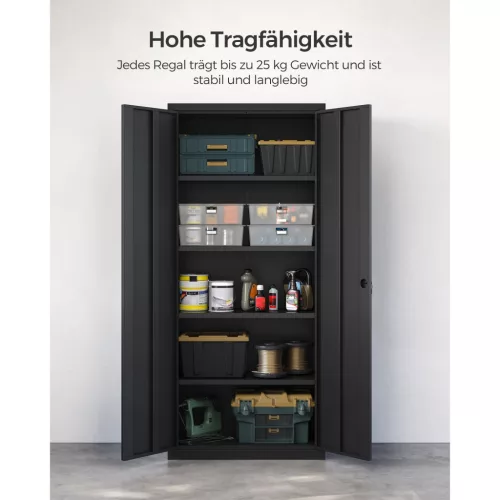 Irodai tárolószekrény, 4 polccal, zárható, fekete