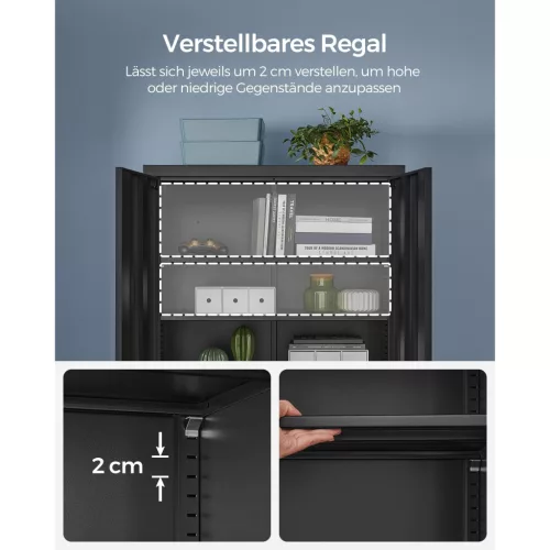 Irodai tárolószekrény, 4 polccal, zárható, fekete