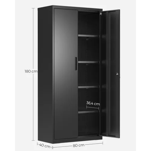 Irodai tárolószekrény, 4 polccal, zárható, fekete