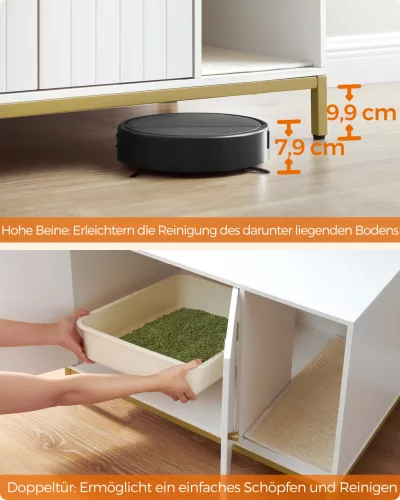 Feandrea macskaalom doboz burkolat, rejtett alomtálca bútor kaparószőnyeggel, magas lábakkal,