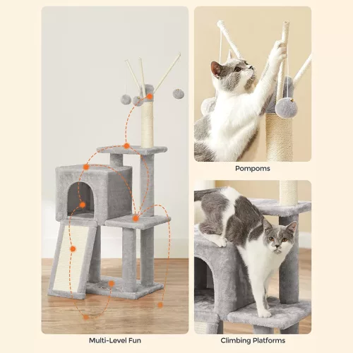 Macska kaparófa, cicaházzal, világosszürke, 42 x 32 x 118 cm