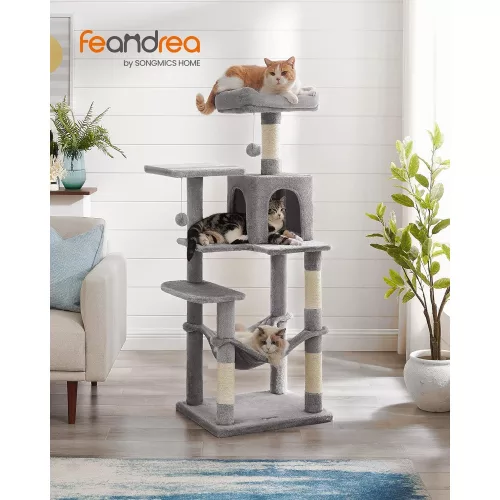 FEANDREA Macska fa, macska lakóhely függőággyal, 143 cm, világosszürke PCT161W01