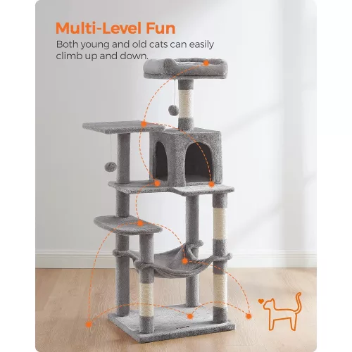 FEANDREA Macska fa, macska lakóhely függőággyal, 143 cm, világosszürke PCT161W01