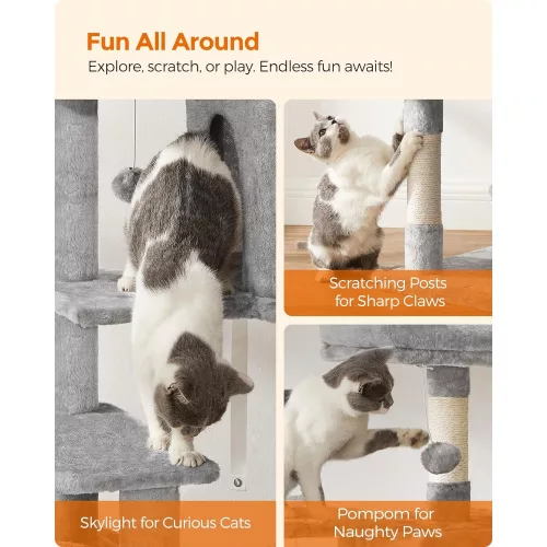 FEANDREA Macska fa, macska lakóhely függőággyal, 143 cm, világosszürke PCT161W01