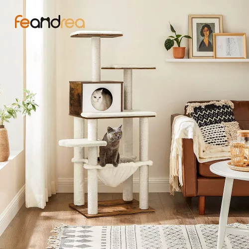 FEANDREA Macska karomápoló oszlop 138 cm modern macska bútor többszintes macska karomápoló