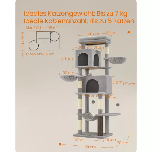Macska kaparófa, többszintes macskatorony, világosszürke 70x50x175cm