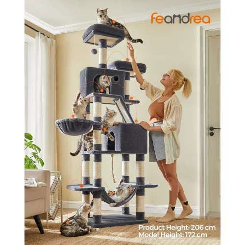 FEANDREA Macska fa, 206 cm magas macska torony 13 karcoló oszloppal, 1 karcoló rámpával, 2