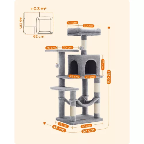 Feandrea macskafa, macska kondó függőággyal, 112 cm, világosszürke PCT261W01